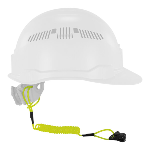 A white hard hat with a yellow coiled lanyard attached to it.