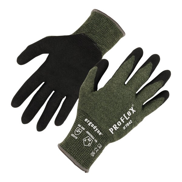 A pair of green Ergodyne ProFlex cut-resistant gloves with a sandy nitrile palm coating.