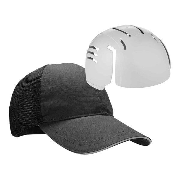 A black baseball cap with a white bump cap insert.