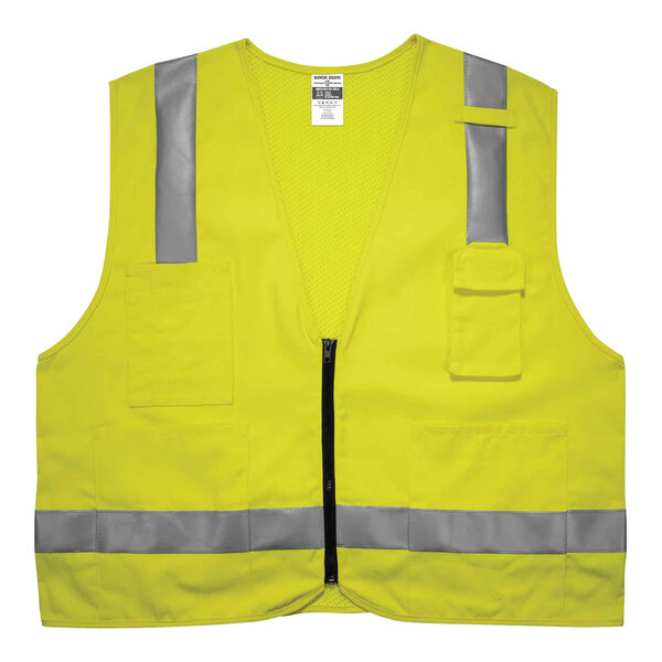 An Ergodyne high visibility lime green mesh back vest with yellow and silver reflective stripes.