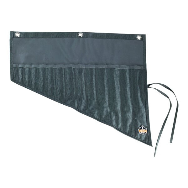 A black and grey Ergodyne Arsenal wrench organizer roll up bag with a pocket and a zipper.