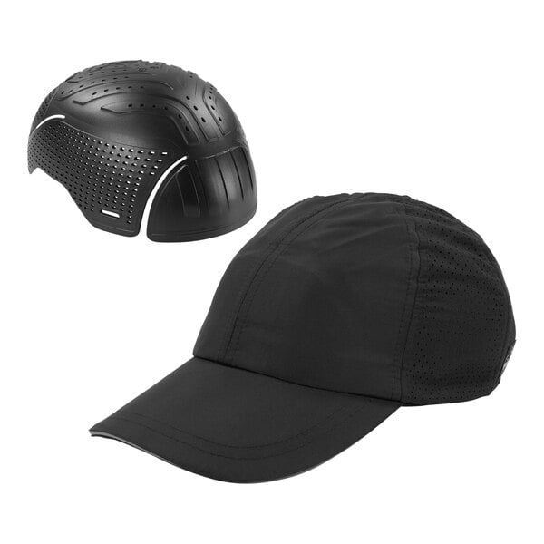 A black baseball hat with a black helmet insert with holes.