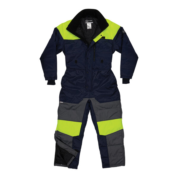 A navy blue and yellow insulated freezer coveralls with reflective accents.