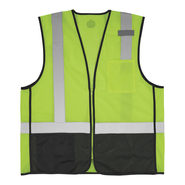 An Ergodyne hi-vis lime mesh vest with black trim and reflective stripes.