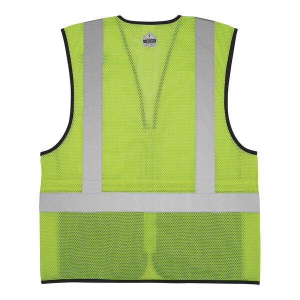 An Ergodyne high-vis mesh vest with black front and yellow reflective stripes.