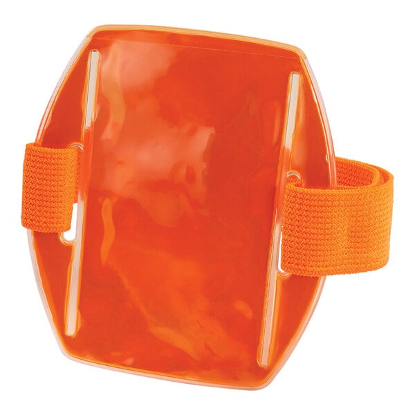 An orange vinyl arm band with a strap.