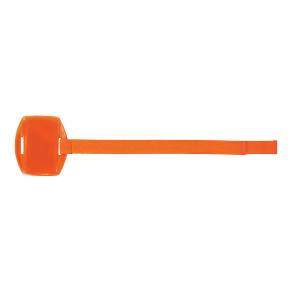 An orange vinyl arm band with a square object on it.