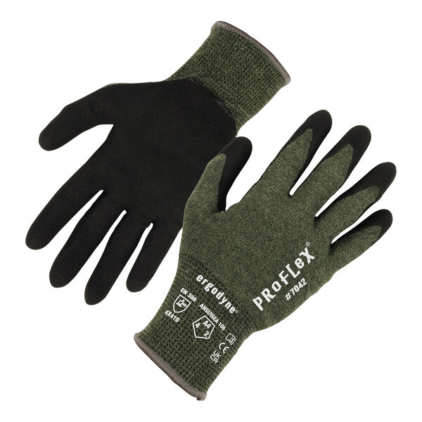 A pair of green Ergodyne ProFlex warehouse gloves with a sandy nitrile palm coating.