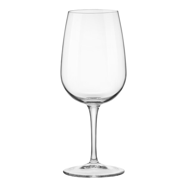 A clear Bormioli Rocco Riserva wine glass with a stem.