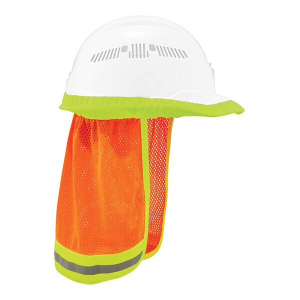 A white hard hat with orange mesh overlay and reflective trim.