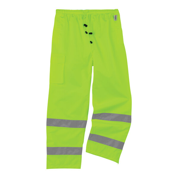 Ergodyne GloWear 8915 Hi-Vis Lime Rain Pants with reflective stripes.