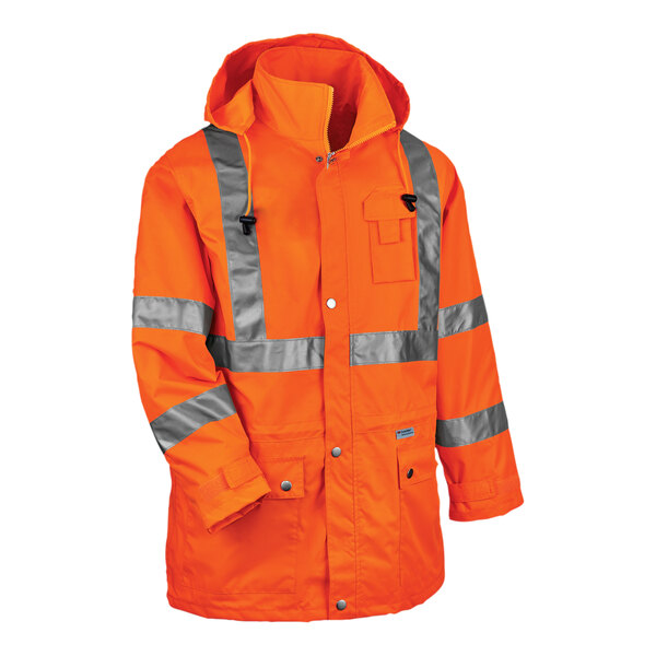 An orange Ergodyne rain jacket with reflective stripes.