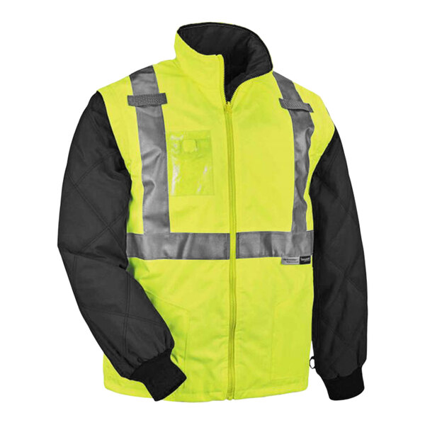 A yellow and black Ergodyne GloWear 4-in-1 winter jacket with reflective stripes.