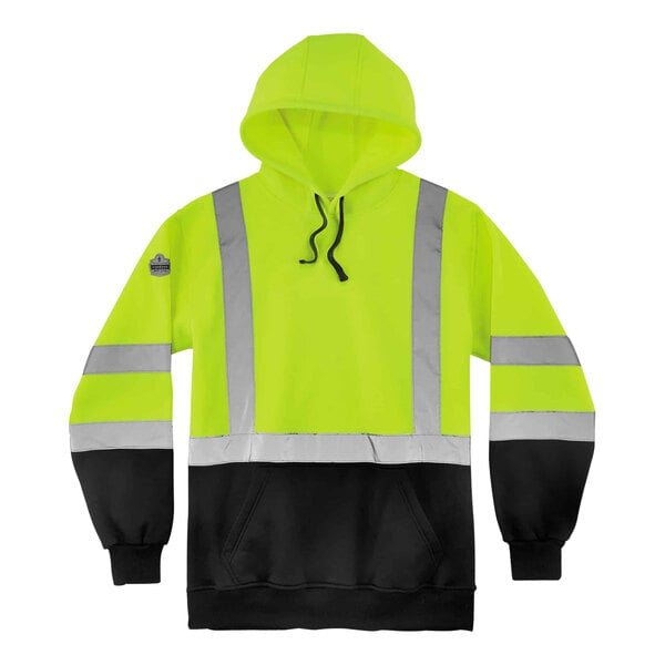 A lime green Ergodyne hoodie with black front panel and reflective stripes.
