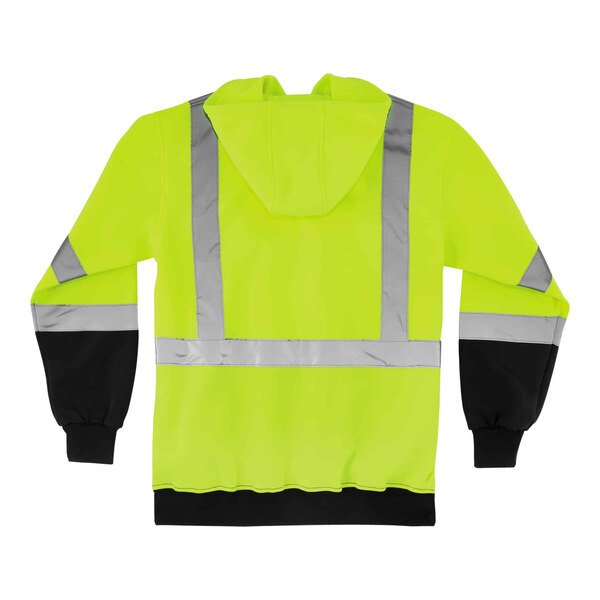A lime green Ergodyne hooded sweatshirt with black front panel and reflective tape.