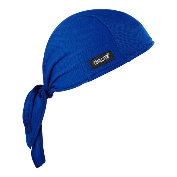 A blue Ergodyne Chill-Its bandana with a black and white label.