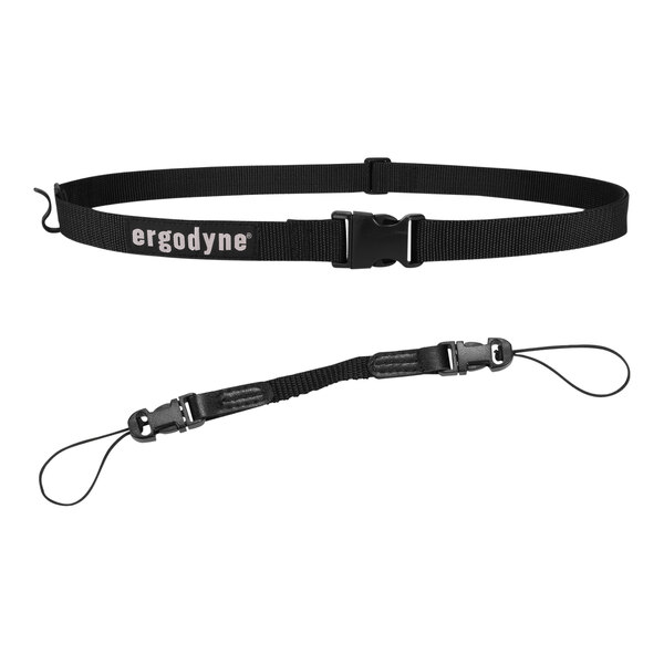An Ergodyne Squids black belt with a black strap and white text.