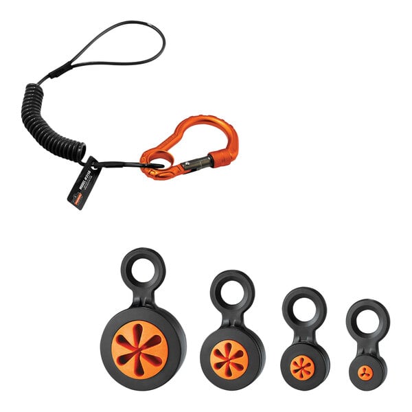 An Ergodyne Squids tool tethering kit with black and orange lanyards and attachments.