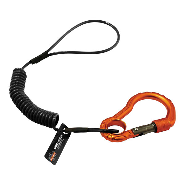 An orange carabiner and black coiled lanyard with a tag.