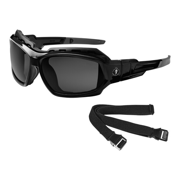 Ergodyne Skullerz LOKI Polarized Safety Spoggles with Smoke Lenses, Matte Black Frame, and Elastic Strap.