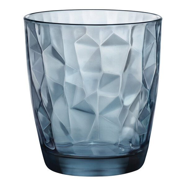 A clear Bormioli Rocco blue glass with a diamond pattern.