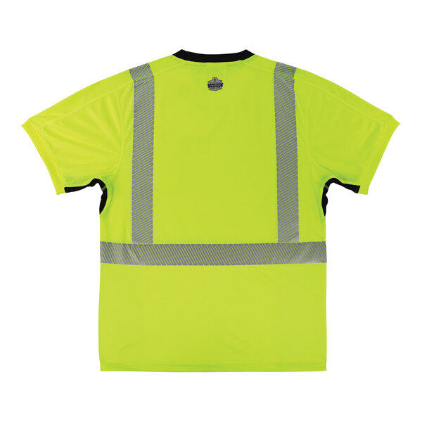 An Ergodyne hi-vis lime shirt with reflective stripes on the front.