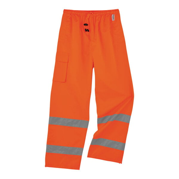 Ergodyne hi-vis orange rain pants with grey reflective stripes.