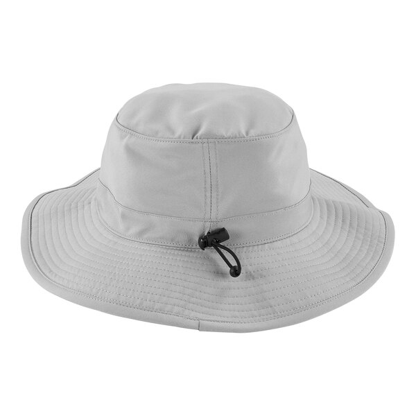A white Ergodyne evaporative cooling bucket hat with a black strap.