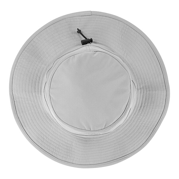 A white bucket hat with a black strap.