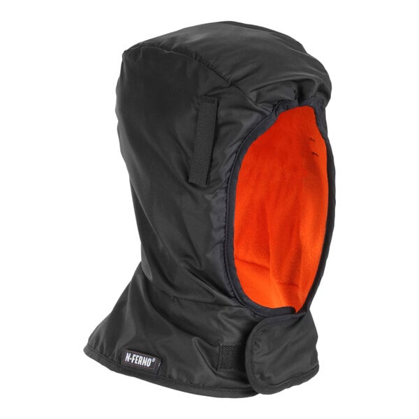 A black Ergodyne shoulder-length hard hat liner with an orange hood.