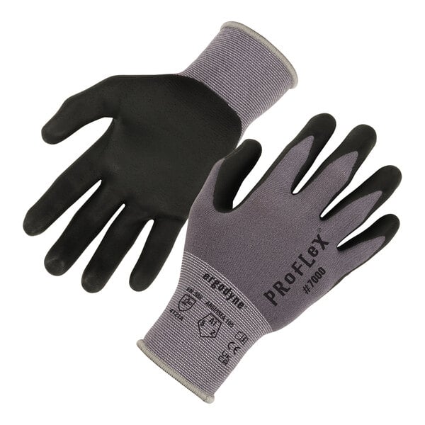 A pair of gray gloves with black and grey rubber palms.