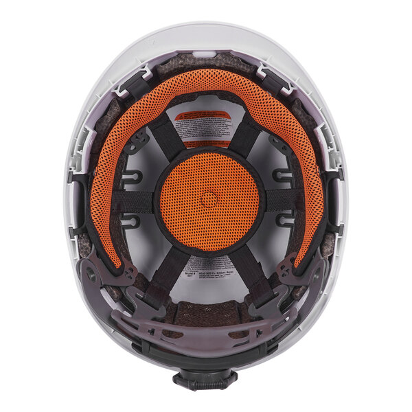 A white Ergodyne Skullerz safety helmet with orange and black straps.