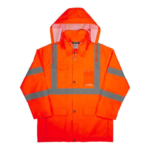 An orange rain jacket with grey reflective stripes.