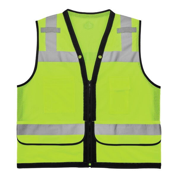 An Ergodyne hi-vis lime yellow mesh vest with reflective stripes.