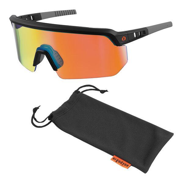 Ergodyne Skullerz AEGIR Safety Glasses with Matte Black Frame and Orange Mirrored Lenses in a black pouch with a string.