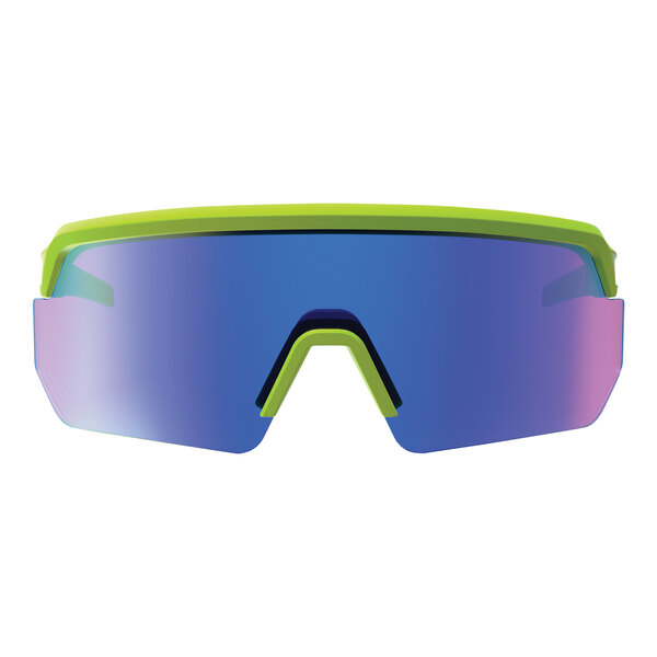 Ergodyne Skullerz AEGIR Safety Glasses with Lime Frame and Blue Mirrored Lenses on a white background.