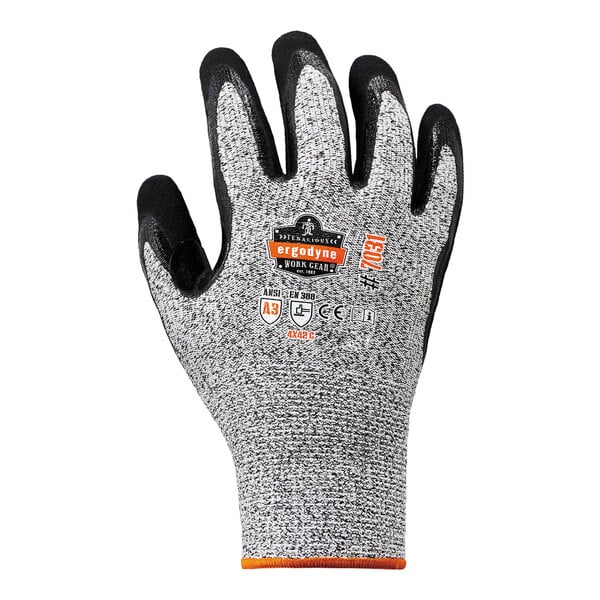 A close up of a gray and black Ergodyne ProFlex work glove with orange trim.