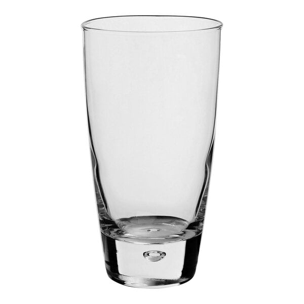 A clear Bormioli Rocco Luna beverage glass with a small hole in the bottom.