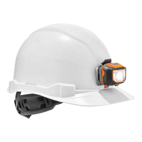 A white Ergodyne hard hat with an orange LED light on it.