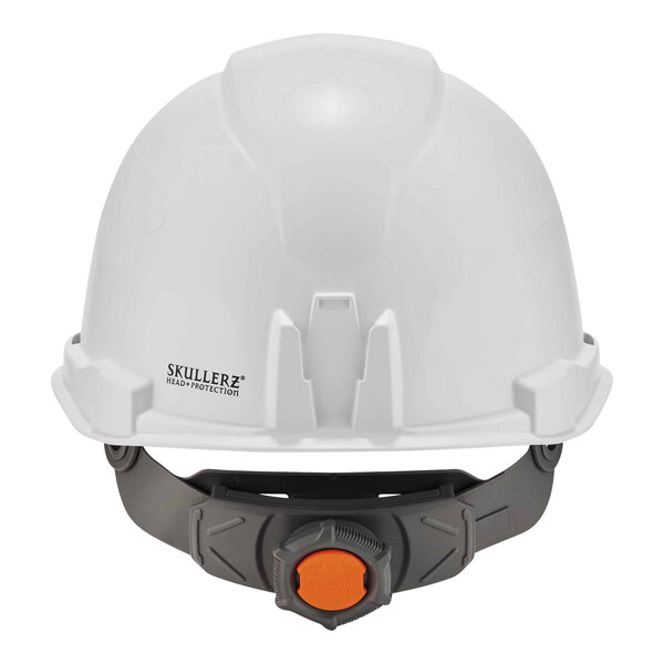 A white Ergodyne Skullerz hard hat with a LED light and black straps.