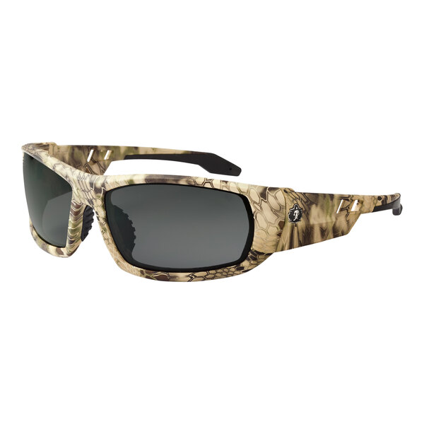 Ergodyne Skullerz ODIN safety glasses with Kryptek Highlander camouflage frame and polarized smoke lenses.