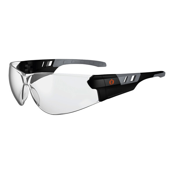 Ergodyne Skullerz SAGA safety glasses with clear lenses and a black frame.