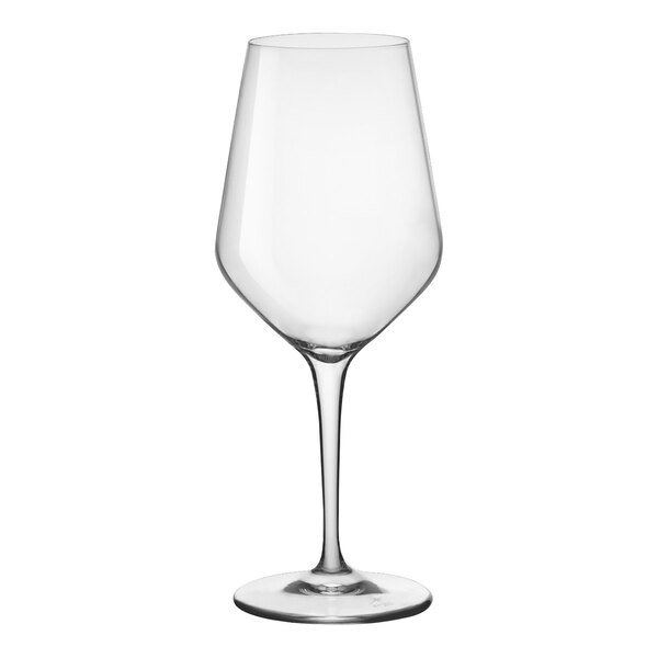 A close-up of a clear Bormioli Rocco Electra wine glass with a long stem.