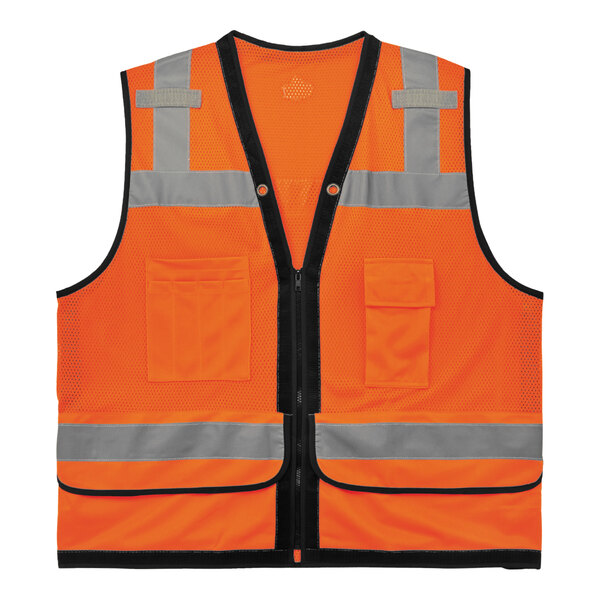 An Ergodyne hi-vis orange mesh surveyors vest with reflective stripes on the front.