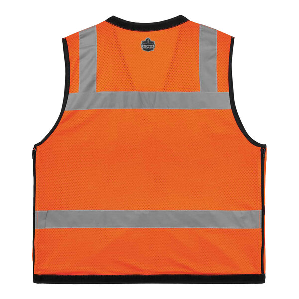 An Ergodyne GloWear high-visibility orange mesh surveyors vest with reflective stripes.