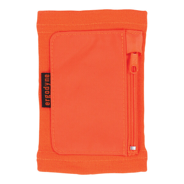 An orange zippered wrist ID and badge holder.