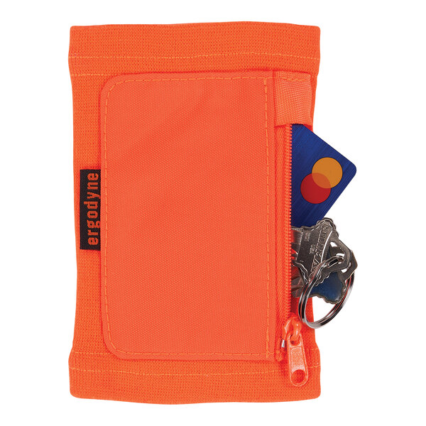 An orange wrist ID and badge holder with a card and keys inside.