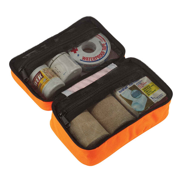An orange Ergodyne Arsenal small buddy organizer with bandages and other items inside.