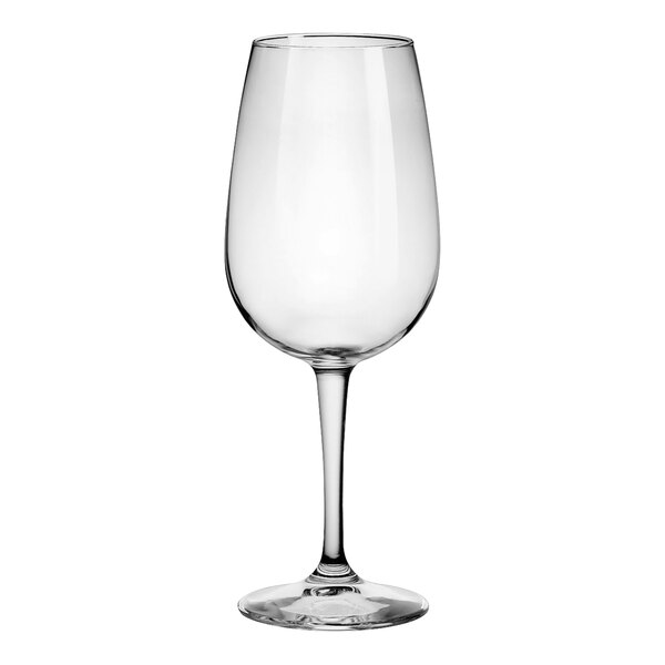 A clear Bormioli Rocco Riserva wine glass with a stem.