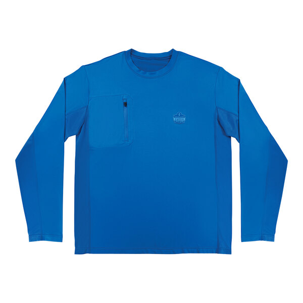 A blue Ergodyne long sleeve shirt with a chest pocket.